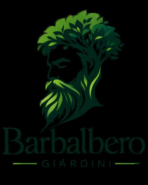 Barbalbero Giardini logo featuring a bearded face silhouette with green foliage and tree design